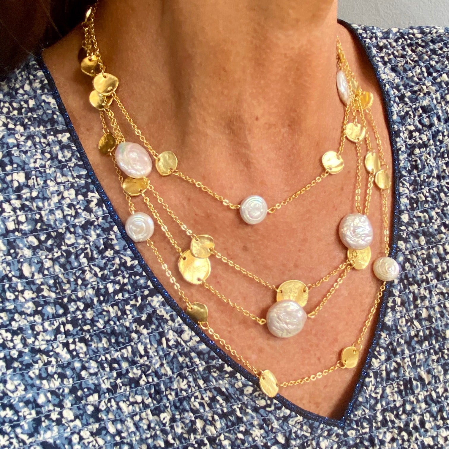 Coin and flat pearl multi strand necklace - Karine Sultan